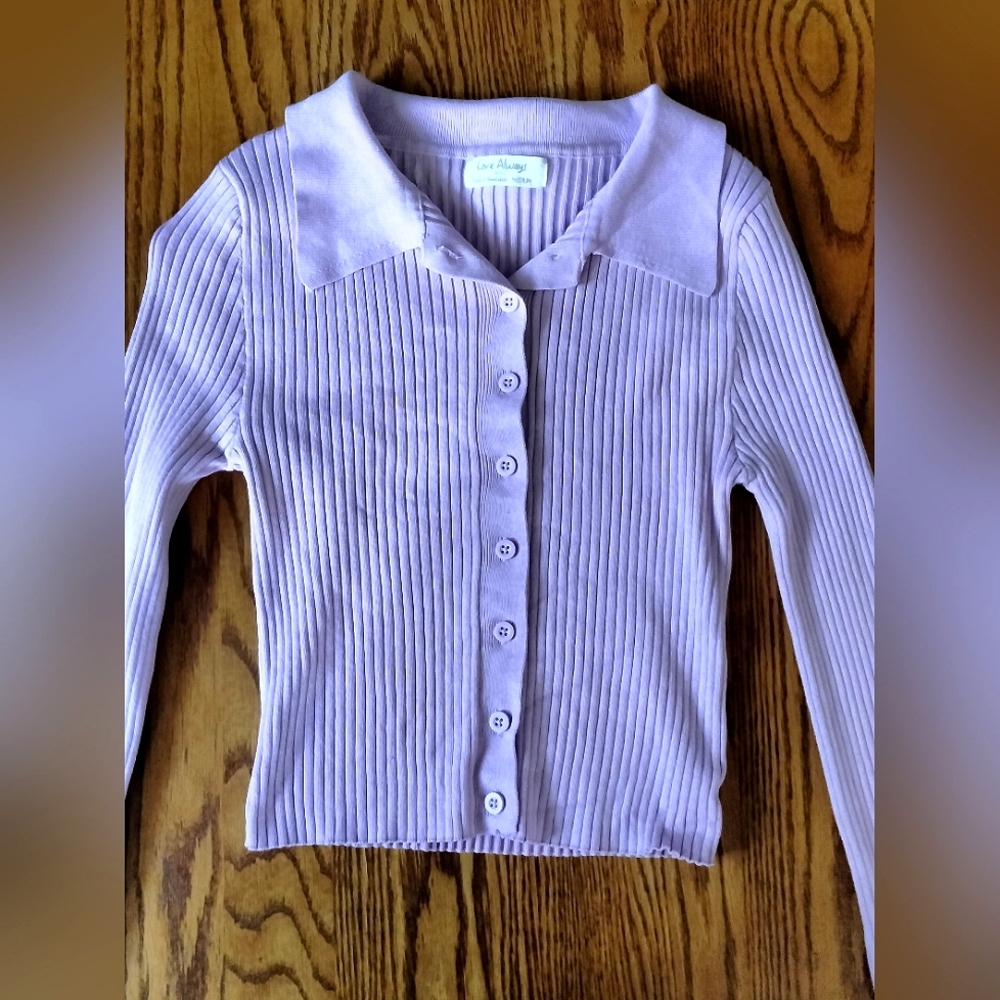 A purple, long sleeved collared shirt from the brand Love Always. Size small-med